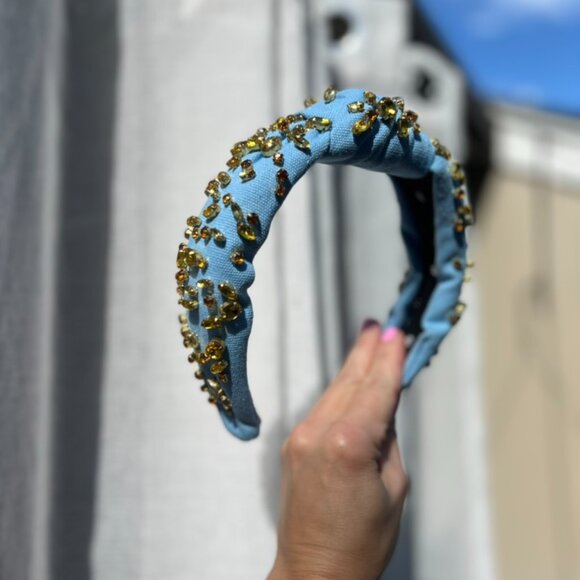 Lele Sadoughi Classic Knotted Blue Headband Amber & Gold Gems - Picture 5 of 11